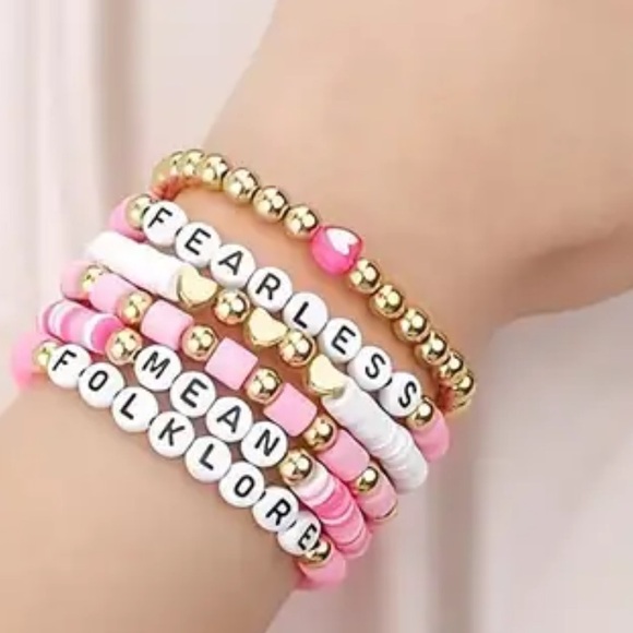 CC and Me Boutique Jewelry - Folklore‎ Pink Friendship Bracelets Set of 6 Elastic Beaded Swiftie Bracelets